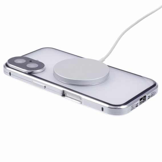 Carcasa Magnetic Dual Glass MagSafe pentru iPhone 16, de argint