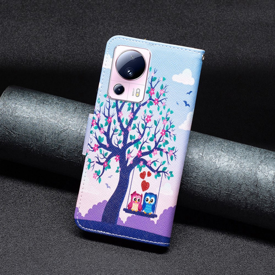 Cu clapetă pentru Xiaomi 13 Lite, Wallet, tree & owls, albastru