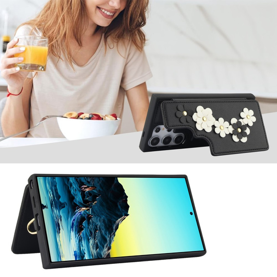 Husa pentru Samsung Galaxy S25 Ultra, Leather Flower Card Slot, negru
