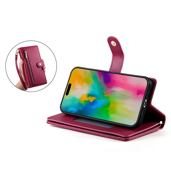 Cu clapetă pentru iPhone 16 Pro, Wallet Zipper Pocket, roșu