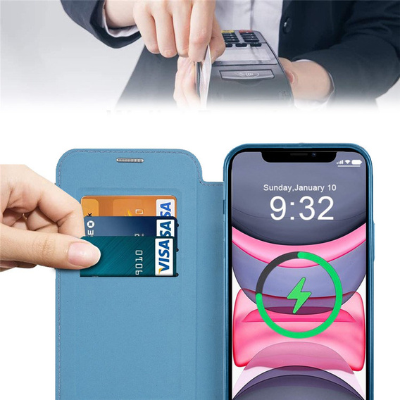 Cu clapetă pentru iPhone 14 Pro Max, RFID Wallet MagSafe CamShield, albastru