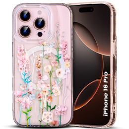 Husă magnetică cu model floral realizat cu laser pentru iPhone 16 Pro