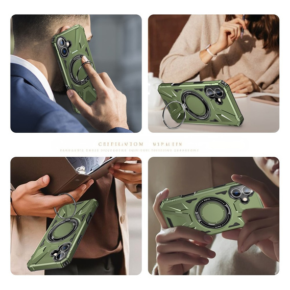 Carcasă pentru iPhone 16, blindată cu suport și placă pentru mâner, verde