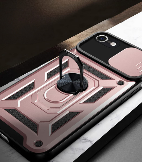 Carcasă blindată pentru iPhone 16E, CamShield Slide, roz + sticlă călită 9H