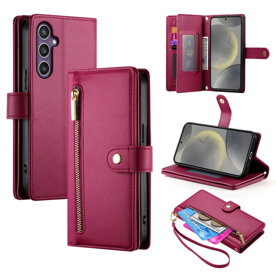 Cu clapetă pentru Samsung Galaxy S25, Wallet Zipper Pocket, roșu
