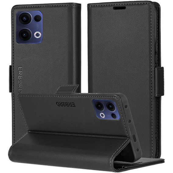 Husă pentru Oppo Reno 13, ERBORD Glossy Litchi, portofel cu clapetă, negru