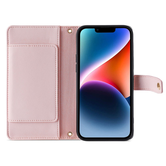 Cu clapetă pentru iPhone 15 Pro Max, Wallet Zipper Pocket, roz
