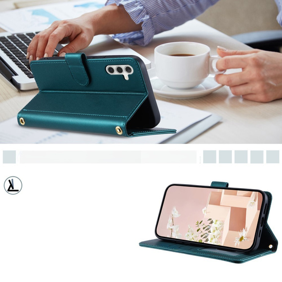 Husă cu clapetă pentru Samsung Galaxy S24 FE, Rhombus Crossbody Leather, verde închis