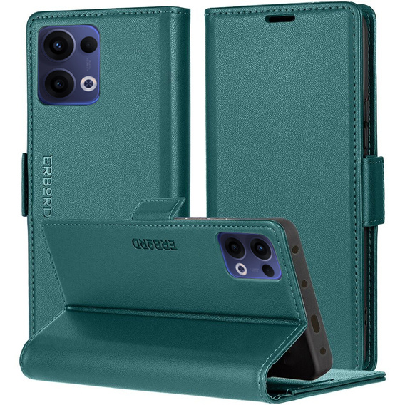 Husă pentru Oppo Reno 13, ERBORD Glossy Litchi, portofel cu clapetă, verde