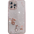 Husă pentru iPhone 13 Pro, Glitter Flower, roz rose gold