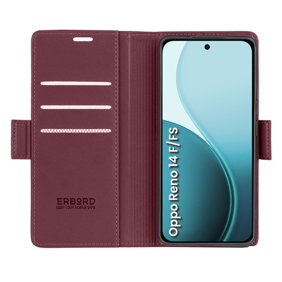 Husă pentru Oppo Reno 14 F / 14 FS, ERBORD Glossy Litchi, portofel cu clapetă, roșu