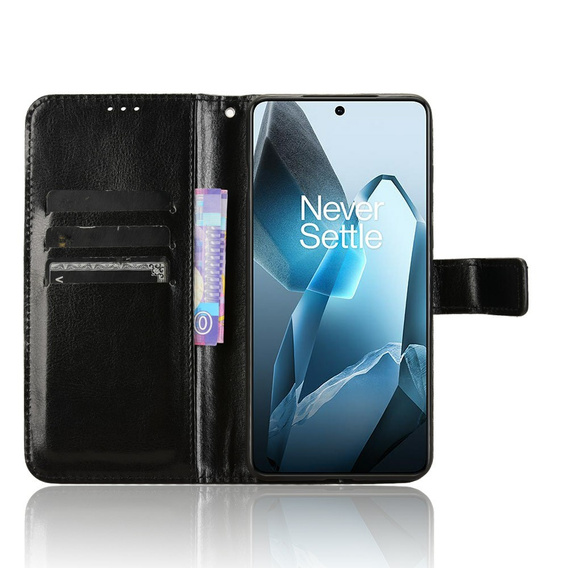 Cu clapetă pentru OnePlus 13, Crazy Horse Wallet, negru