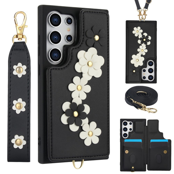 Husa pentru Samsung Galaxy S25 Ultra, Leather Flower Card Slot, negru