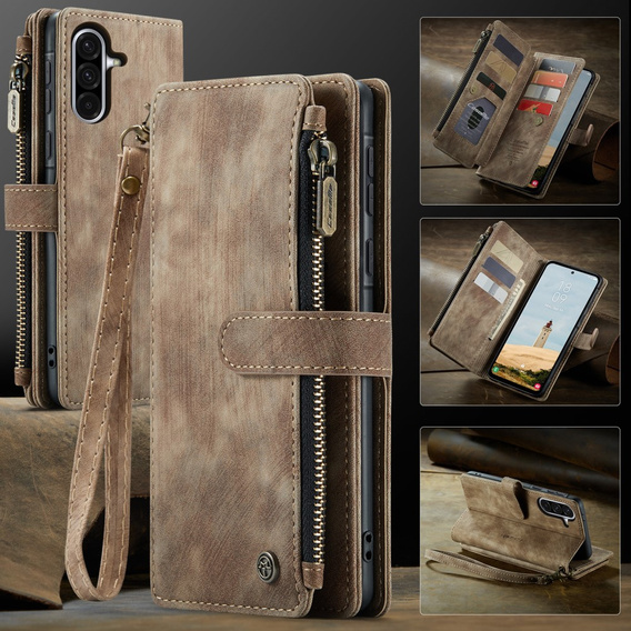 Husa CASEME pentru Samsung Galaxy A56 5G, Leather Wallet Cash and Card Slots, cu curea, maro
