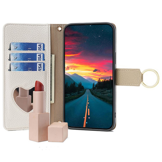 Carcasă flip pentru Samsung Galaxy M15 5G, Wallet Zipper Pocket, cu oglindă, alb