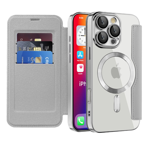Cu clapetă pentru iPhone 16 Pro Max, RFID Wallet MagSafe CamShield, de argint