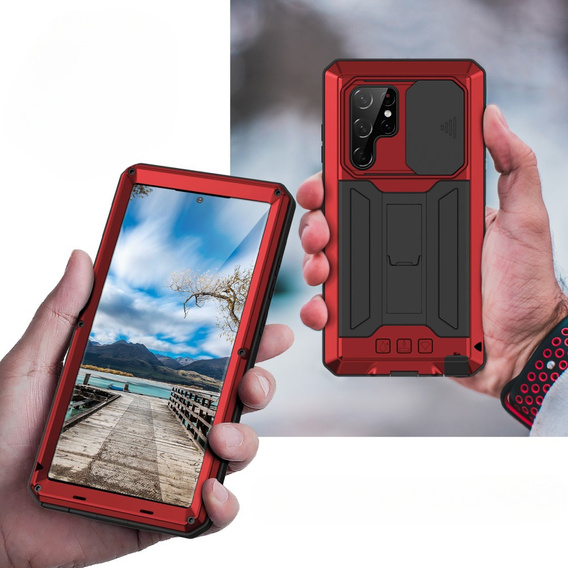 Husă blindată pentru Samsung Galaxy S22 Ultra, R-JUST CamShield Slide, roșu