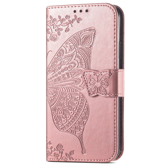 Cu clapetă pentru Samsung Galaxy A15, Butterfly Flower, roz rose gold + sticlă 9H 