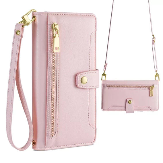 Cu clapetă pentru iPhone 16E, Wallet Zipper Pocket, roz