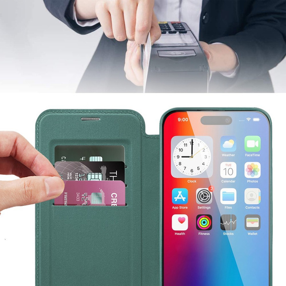 Cu clapetă pentru iPhone 16, RFID Wallet MagSafe CamShield, verde