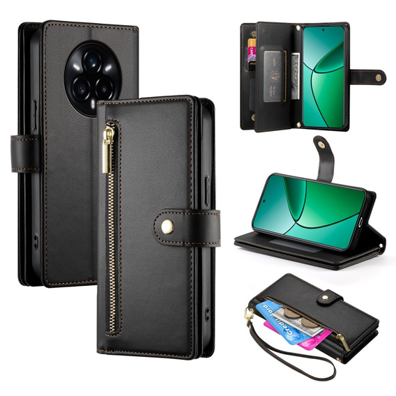 Cu clapetă pentru Realme 14 Pro 5G, Wallet Zipper Pocket, negru