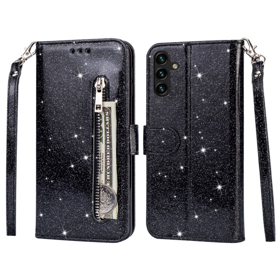 Cu clapetă pentru Samsung Galaxy A55, Wallet Zipper Pocket Glittery, negru