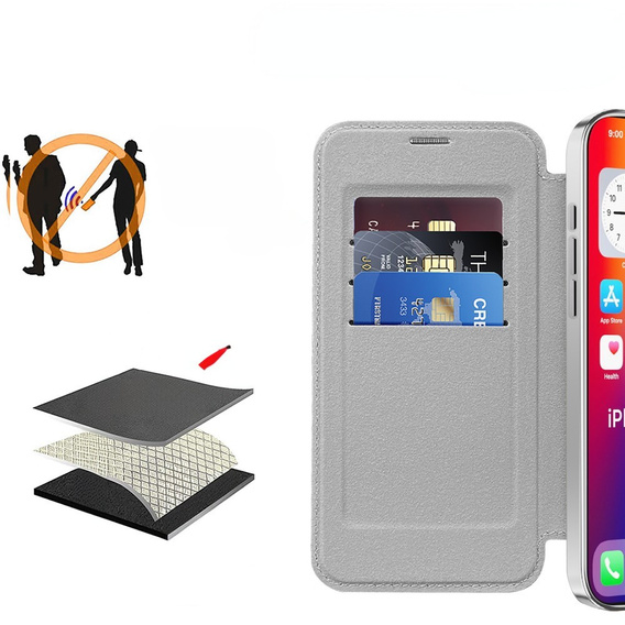 Cu clapetă pentru iPhone 16 Pro Max, RFID Wallet MagSafe CamShield, de argint