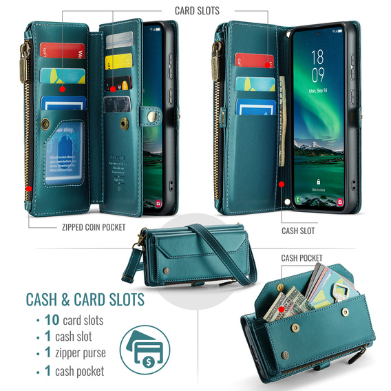Husă CASEME pentru Samsung Galaxy S25 FE, RFID Leather Wallet, cu curea de umăr, verde