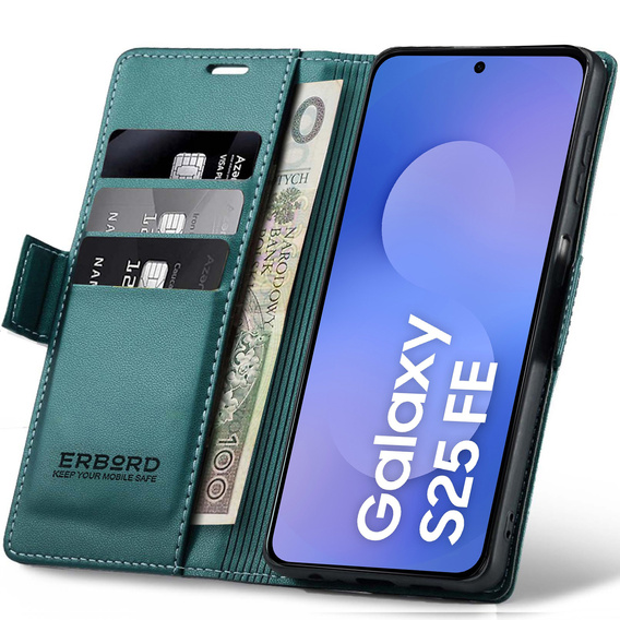 Husă pentru Samsung Galaxy S25 FE, ERBORD Glossy Litchi, portofel cu clapetă, verde