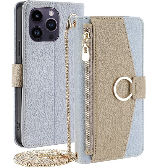 Carcasă flip pentru iPhone 15 Pro, Wallet Zipper Pocket, cu oglindă, albastru