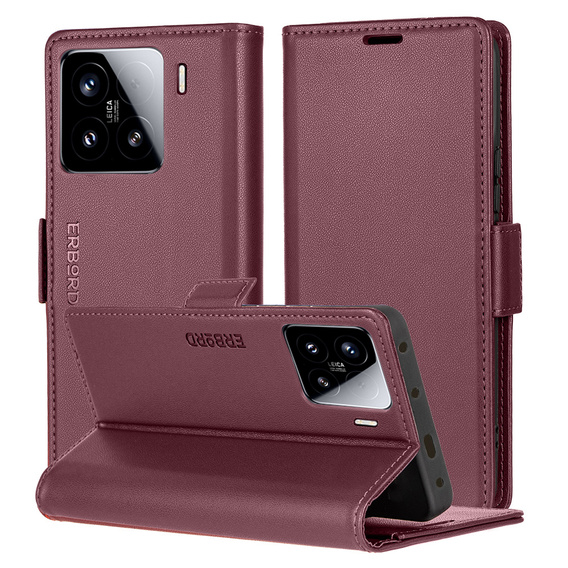 Husă pentru Xiaomi 15, ERBORD Glossy Litchi, portofel cu clapetă, roșu