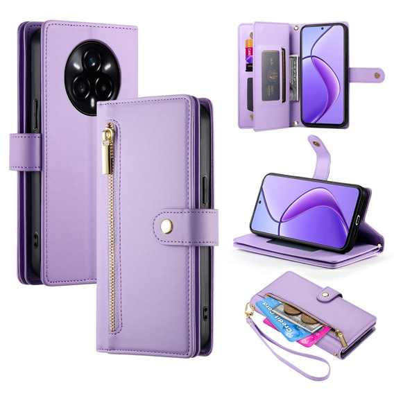 Cu clapetă pentru Realme 14 Pro+ 5G, Wallet Zipper Pocket, violet