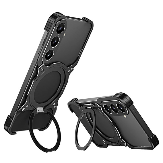 Carcasă pentru Samsung Galaxy S25, Kickstand Bumper, cu capac pentru obiectiv, pentru MagSafe, negru / argintiu