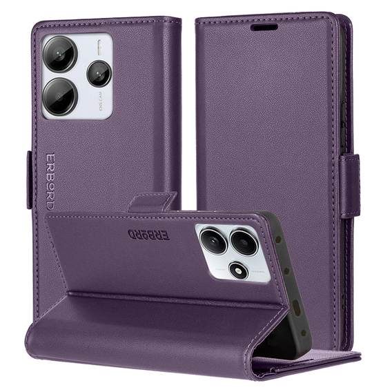 Husă pentru Xiaomi Redmi Note 14 5G, ERBORD Glossy Litchi, portofel cu clapetă, violet