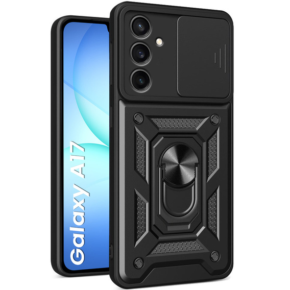 Husă blindată pentru Samsung Galaxy A17 5G, cu protecție pentru cameră, cu suport, negru