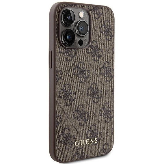 GUESS Huse pentru iPhone 15 Pro Max, 4G Metal Gold Logo, maro