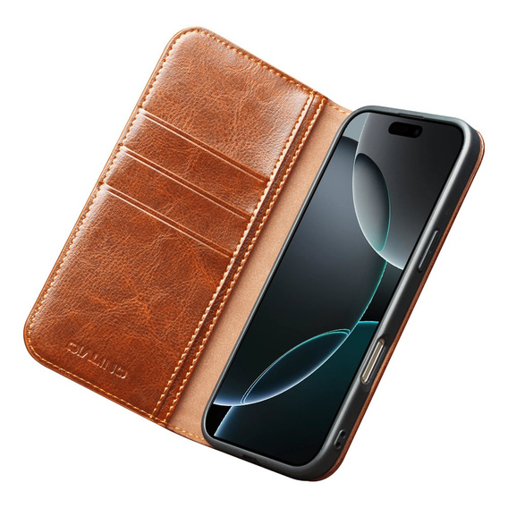 QIALINO Carcasă cu flip din piele de vacă originală pentru iPhone 17 Pro Max, maro