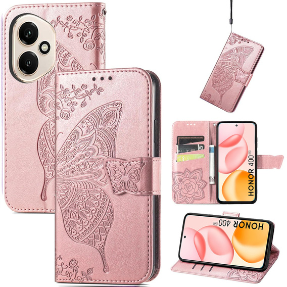 Cu clapetă pentru Honor 400 5G, Butterfly, roz rose gold