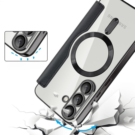 Cu clapetă pentru Samsung Galaxy S25, RFID Rhombus Wallet MagSafe CamShield, negru