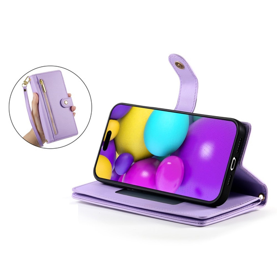 Cu clapetă pentru iPhone 16, Wallet Zipper Pocket, violet