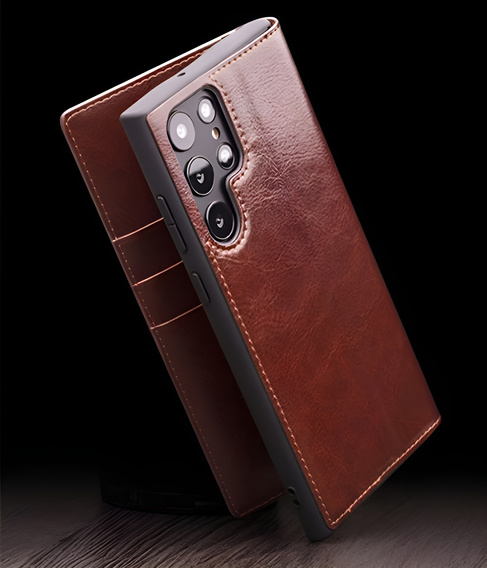 Carcasa flip pentru Samsung Galaxy S25 Ultra, QIALINO Leather Wallet, maro închis