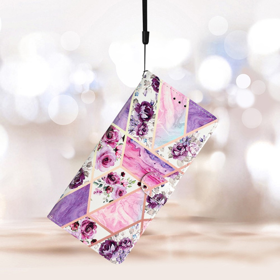 Cu clapetă pentru Samsung Galaxy A25 5G, Wallet, marble & flowers, roz + sticlă 9H