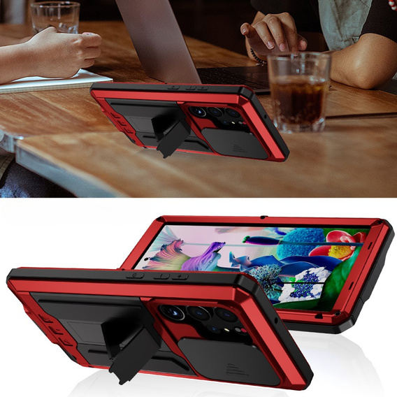 Husă blindată pentru Samsung Galaxy S23 Ultra, R-JUST CamShield Slide, roșu