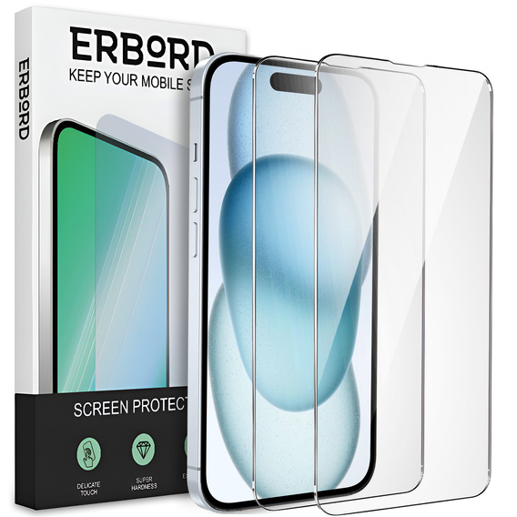 2x sticlă călită pentru iPhone 15 Plus, ERBORD 9H Hard Glass pe ecran