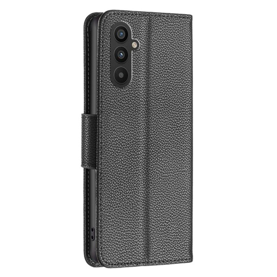 Cu clapetă pentru Samsung Galaxy A25 5G, Wallet Litchi Leather, negru + sticlă 9H