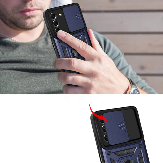Husă blindată pentru Samsung Galaxy S21 FE, CamShield Slide, albastru închis