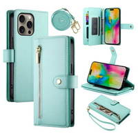 Cu clapetă pentru iPhone 16 Pro, Wallet Zipper Pocket, verde