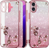 Husă pentru iPhone 16 Plus, Glitter Flower, roz rose gold