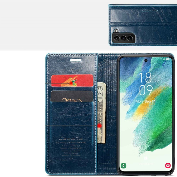 Carcasă flip CASEME pentru Samsung Galaxy S21 FE, Waxy Textured, albastru