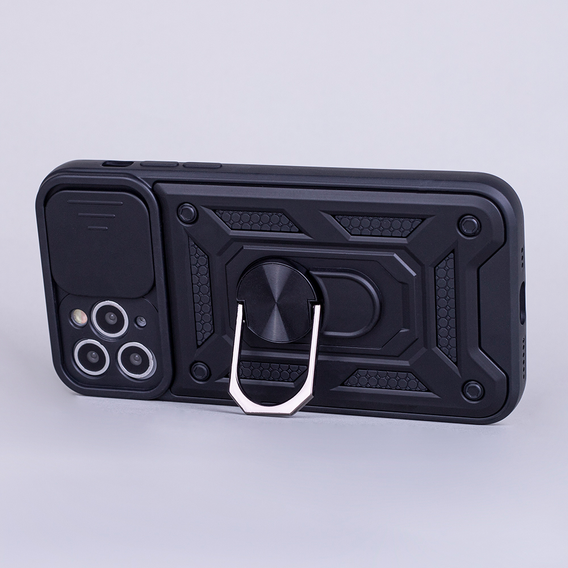 Carcasă blindată pentru Iphone 15 Pro Max, armată Slide Ring, negru + sticlă 9H
